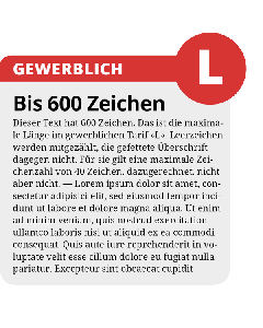 Kleinanzeige "L" – Beispiel mit der maximalen Textlänge von 600 Zeichen